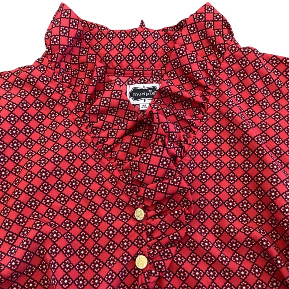 Mud Pie Red Print Ruffle Collar‎ Long Sleeve Tunic Top - Size M - Picture 5 of 8